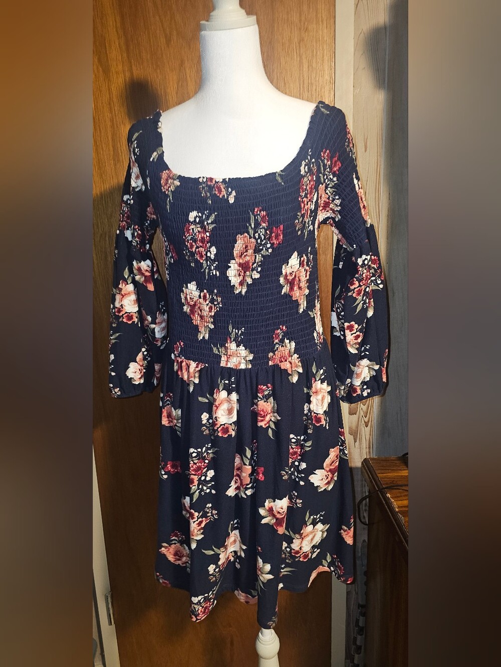 J for Justify Navy Floral Smocked Midi Dress with Bell Sleeves